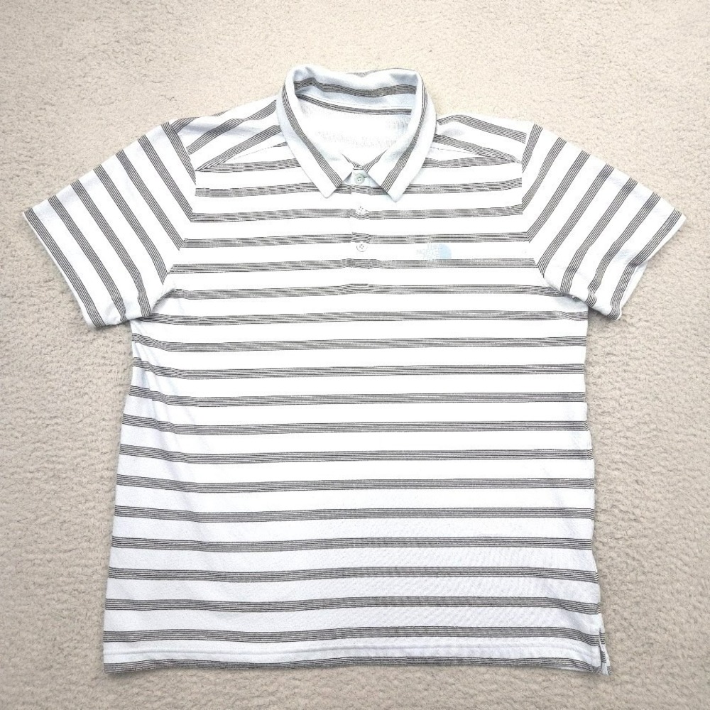 The North Face Polo Shirt Short Sleeve Striped Polyester Mens XL Light Blue Gray